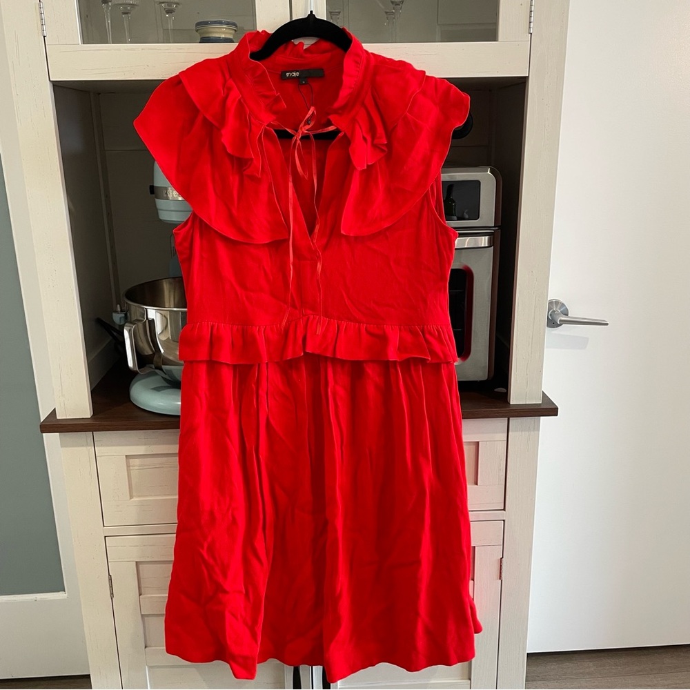 MAJE Rutta Ruffled Crepe Mini Dress In Rouge (Red) - Picture 2 of 8